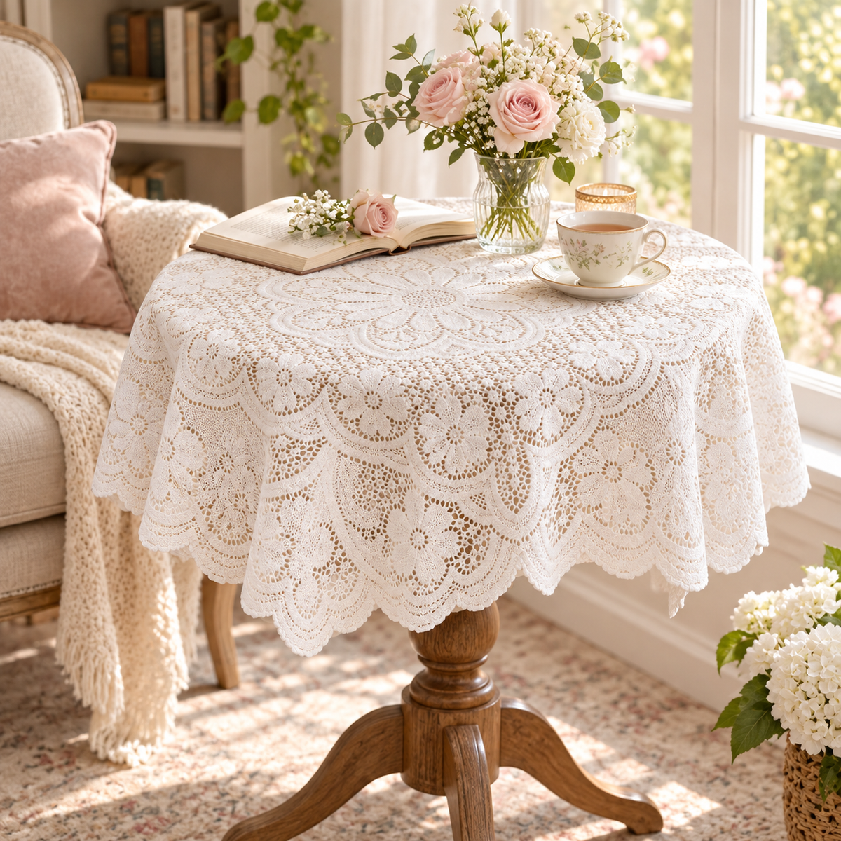 White Floral Lace Round Tablecloth