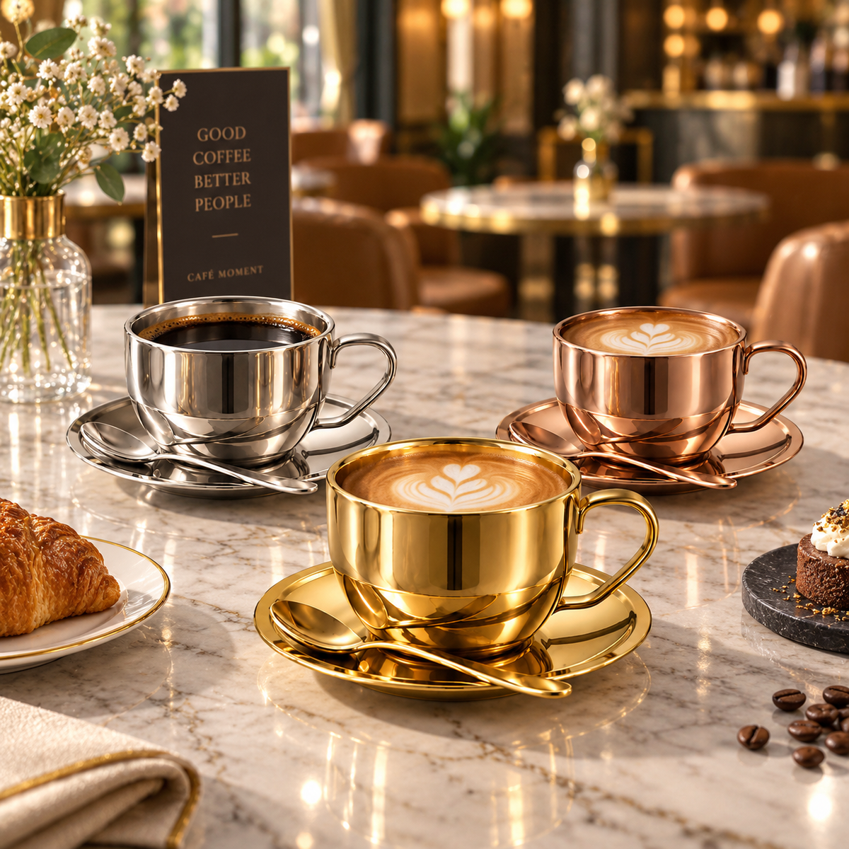 Polished Metal Coffee Cup Three-Piece Matching Set
