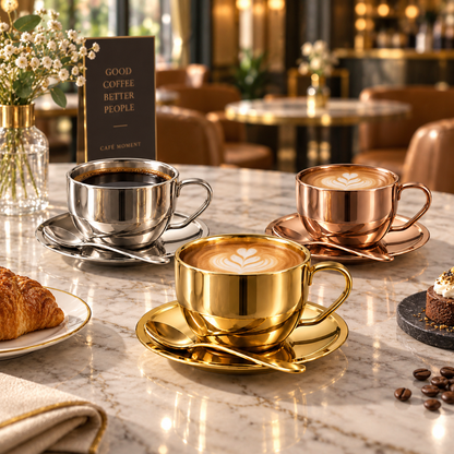 Polished Metal Coffee Cup Three-Piece Matching Set