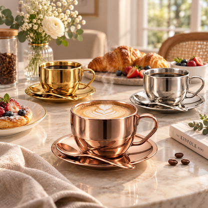 Polished Metal Coffee Cup Three-Piece Matching Set
