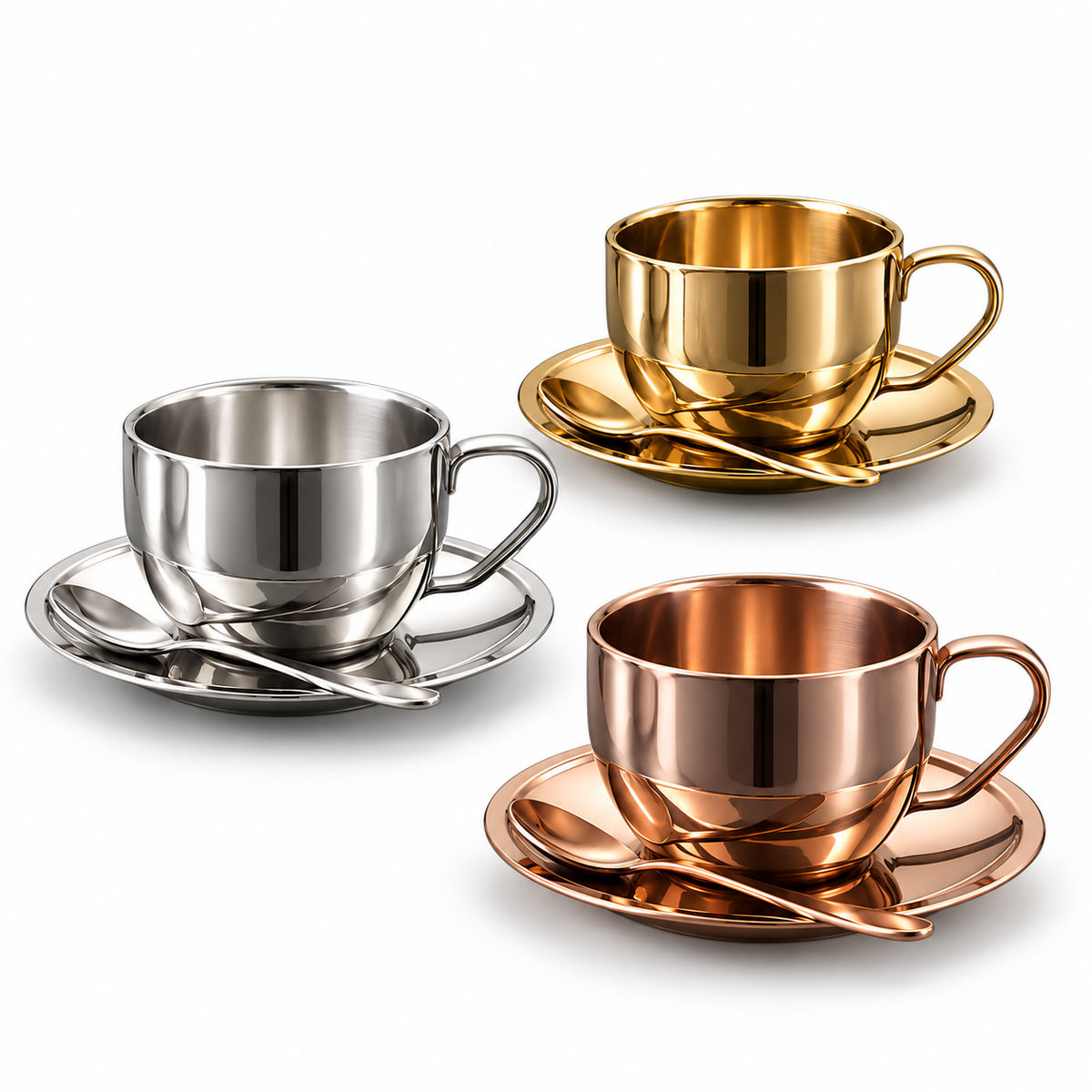 Polished Metal Coffee Cup Three-Piece Matching Set