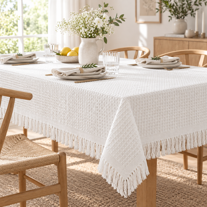 White Textured Fringe Tablecloth