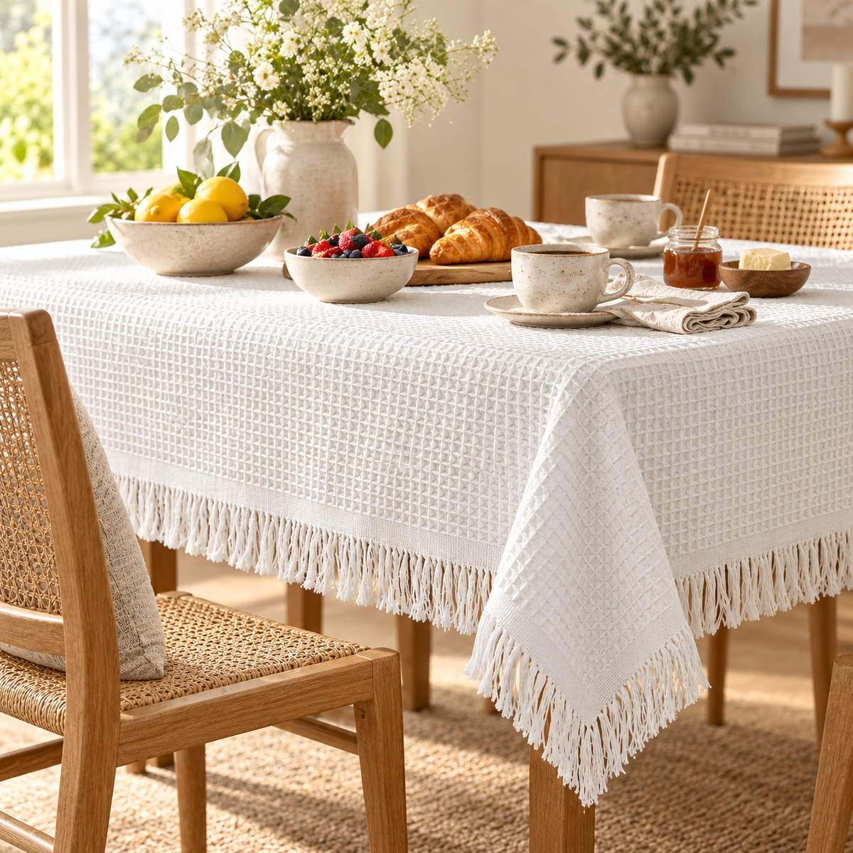 White Textured Fringe Tablecloth
