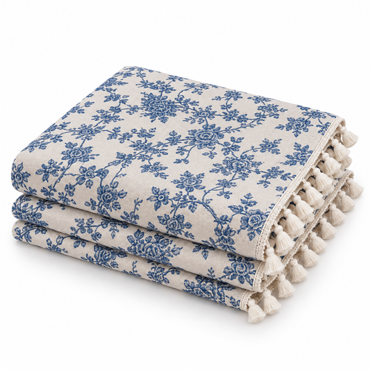 Blue Floral Tassel Round Tablecloth