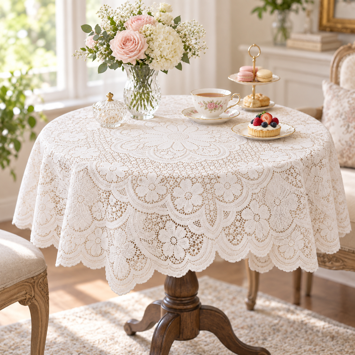 White Floral Lace Round Tablecloth