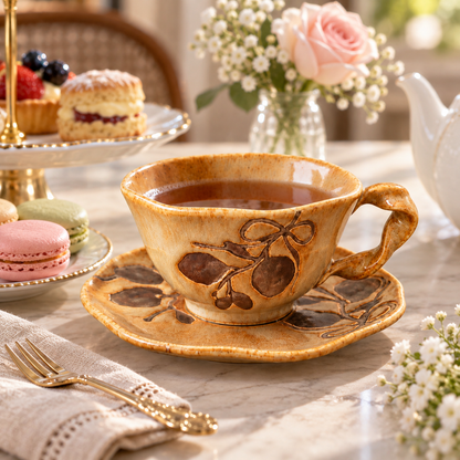 Vintage Botanical Ceramic Coffee Cup &amp; Saucer Set